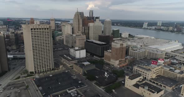 This video is an aerial of downtown Detroit and Detroit city landscape. This video was filmed in 4k alt