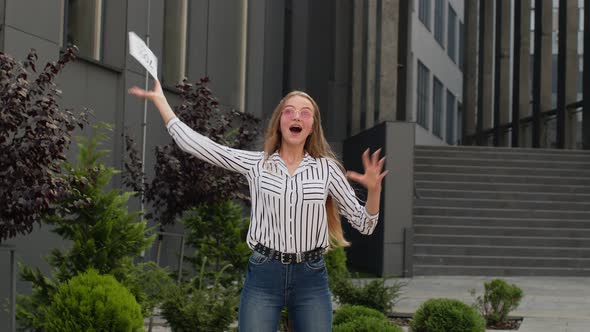 Happy Girl Showing Discount Percent Advertisement Inscriptions, Shouting From Joy, Enjoying Shopping alt
