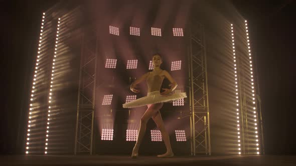 Professional Ballerina Dancing Ballet in Spotlights Smoke on Big Stage. Beautiful Young Girl Wearing alt