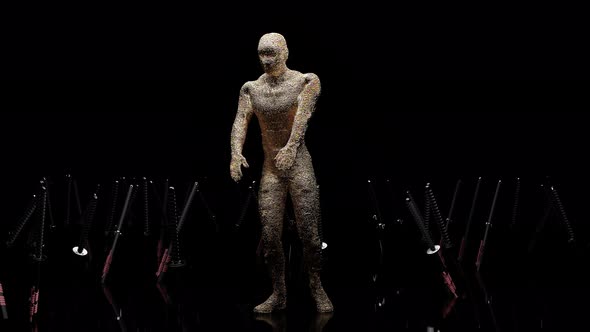 golden man dancing Hip Hop, bboy variation one. footwork, ninja warrior, loop animation, 3d render alt