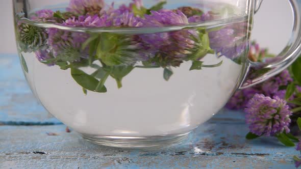Brewing a tisanes from red clover in a transparent cup. Slow motion. alt