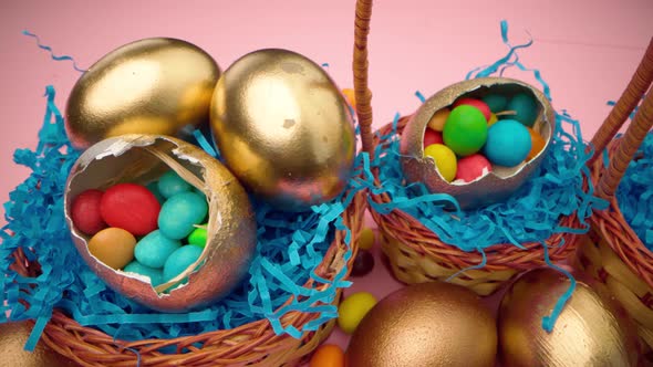 Easter Egg with Colorful Candies in a Basket Close Up