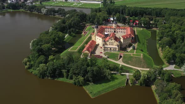 Top View of the Nesvizh Castle and the Park on a Summer Day