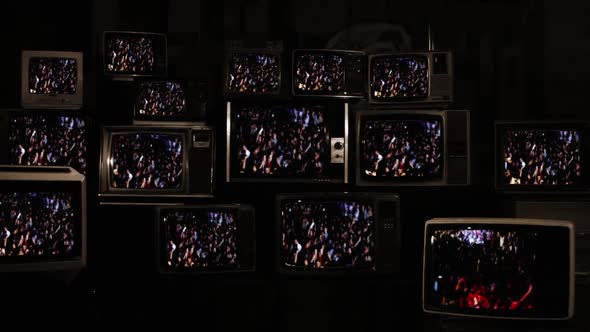 Crowd At Music Concert and Retro TVs. Sepia Tone. alt