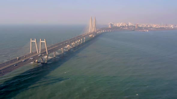Mumbai, India, Worli sea link bridge, 4k aerial drone city skyline view alt