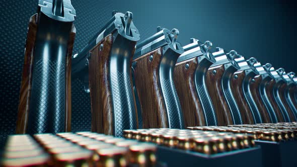 Shiny pistols with bullets. Guns. Munition depot. Ammo dump. Military equipment. alt