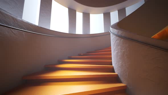 Modern, contemporary bright orange spiral staircase. Camera slowly tracking back