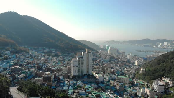 Gamcheon Culture Village in Busan city, South Korea. Aerial video from a drone on October 2018 alt