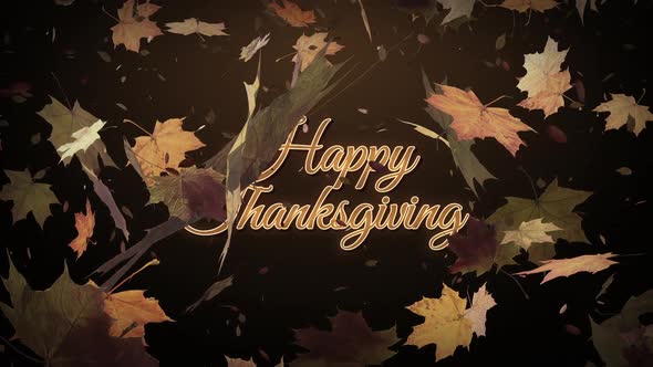 Happy Thanksgiving Text with Autumn Leaves Falling