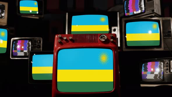 Flag of Rwanda on Retro TVs. 4K.