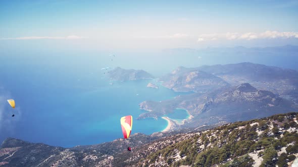 Drone view on world famous paragliding spot in Oludeniz, Fethiye, Turkey