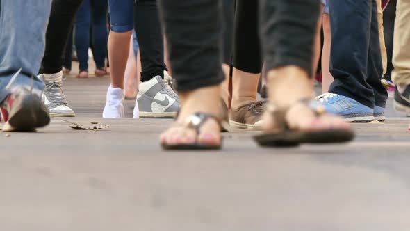 Tourists Feet Crowd in Las Ramblas Street