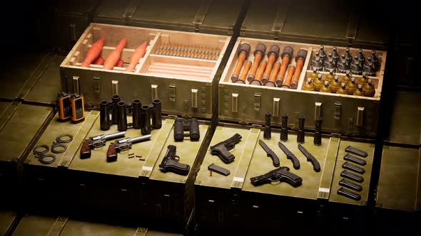 Weapons and military boxes full of ammunition. Army accessories. War equipment. alt