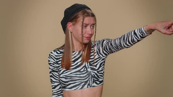 Dissatisfied Young Girl Pointing Finger Away Asking to Leave Her Alone Strict Boss Firing Conflict alt