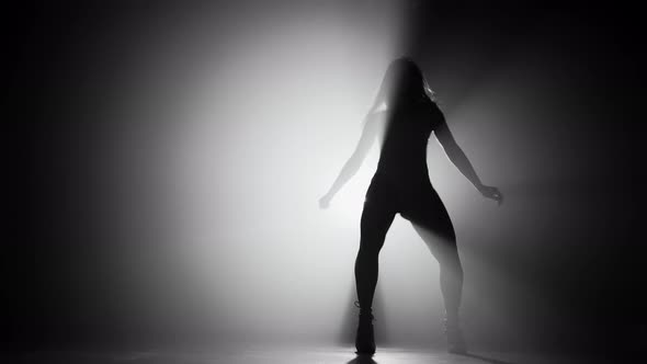 Sexy Silhouette of Woman Dancing on Smoke Dark Stage in Front of Light Projector alt