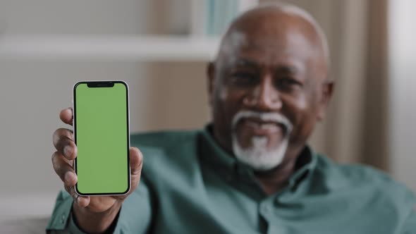 Satisfied Elderly Man Showing Green Screen on Smartphone Happy Pensioner Advertise Application alt