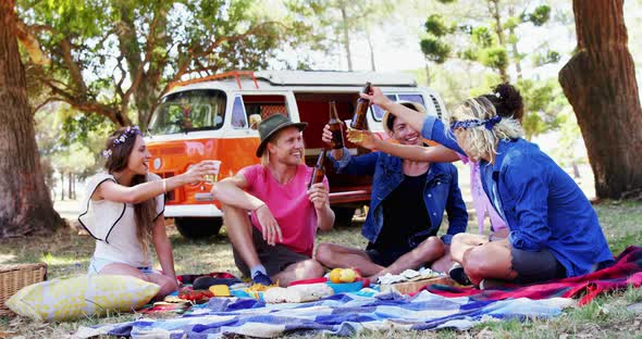 Friends toasting beer bottles in the park 4k alt