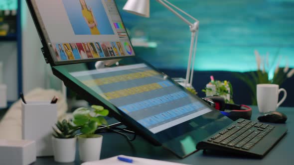 Close Up of Retouching App on Computer in Empty Studio alt