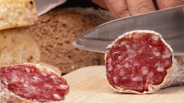 Macro Slicing Aged Salami Sausage