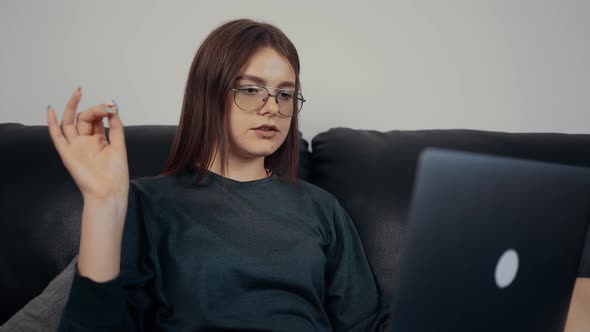 The Portrait of a Redhaired and Beautiful Businesswoman Who Explains Through Her Online Call to Her alt