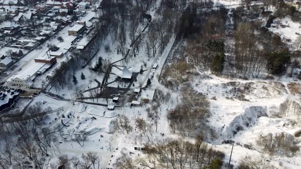 Aerial view on winter snowy Kharkiv water spring