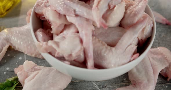 Raw Chicken Wings in the Bowl on the Table.