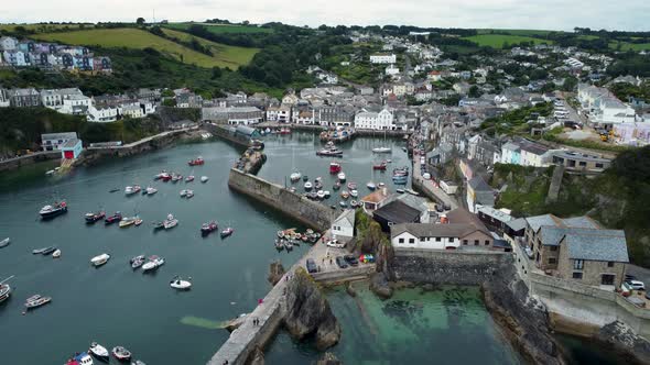 Mevagissey Harbour Fishing Port And Village Closeup Aerial View
