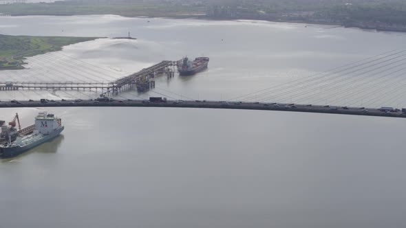 drone shot of Queen Elizabeth II Bridge , Dartford Thurrock River Crossing, high view of traffic alt