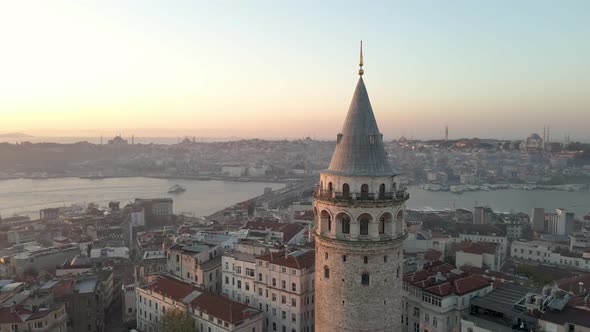 Aerial view of Galata Tower at Sunrise. 