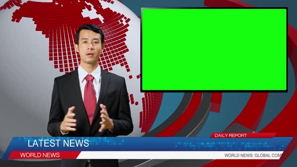 Live News Studio With Asian Male Anchor Reporting On A Story, Uses Green Chroma Key Screen alt