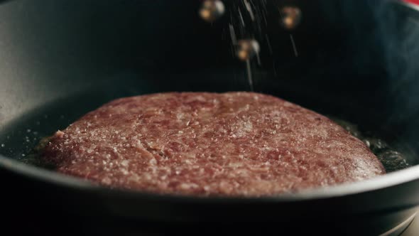 Frying Beef Cutlet in Pan Closeup alt