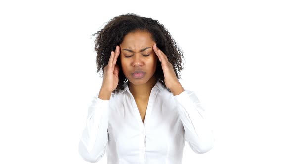Frustratated Black Woman with Headache White Background alt