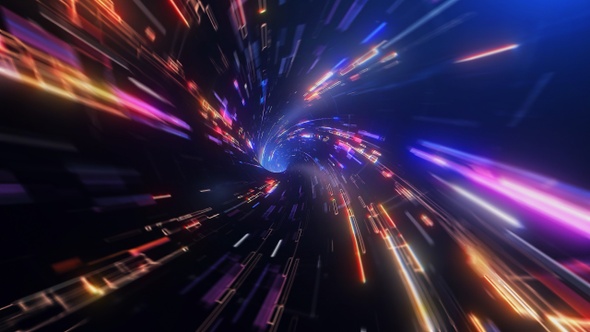 Speed of digital lights, neon glowing rays in motion into digital technologic tunnels. 3D animation