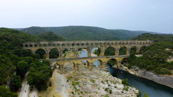 Aerial bird view footage Pont du Gard 