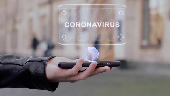 Male Hands Show HUD Hologram Coronavirus