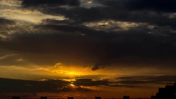 Sunrise Over City, Closeup on Modern Downtown Skyline Buildings Silhouettes.  FHD Timelapse alt