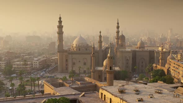 Zoom Out of Mosque of Sultan Hassan Cairo Egypt at Sunset alt