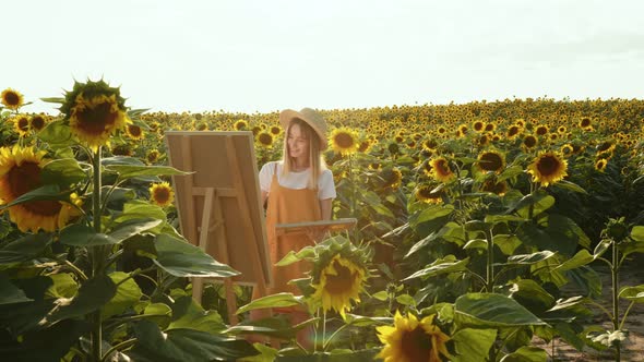 A Woman is Standing in a Field of Sunflowers and Drawing a Picture alt