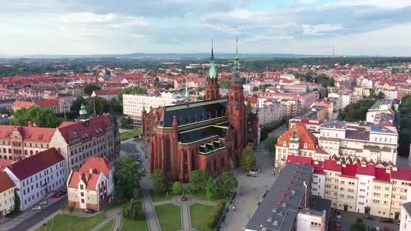Legnica, Poland. Aerial panorama of city with cathedral