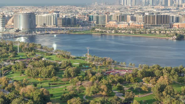 Aerial View of Beautiful Park and Canal in Dubai City United Arab Emirates Timelapse alt