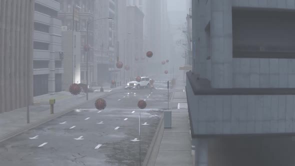 A Man in a Biohazard Suit Dance in the City with a Flying Coronavirus alt