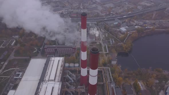 Smoke Comes From the Chimney. Aerial. Air Pollution. Ecology. Kyiv. Ukraine. alt