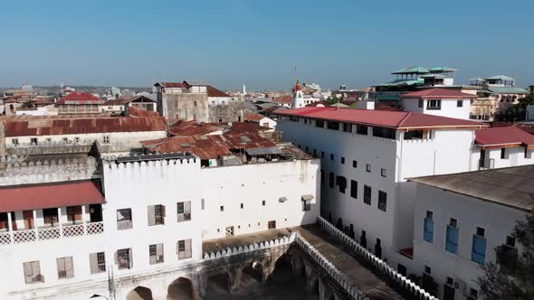 Aerial View of Stone Town Zanzibar City Slum Roofs and Poor Streets Africa alt