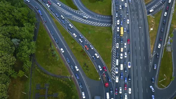 View From a Height of a Traffic Jam Car on an Overpass in the Evening Rush Hour