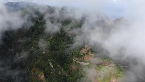 Drone over a road in Anaga mountains, Tenerife, Canary Islands, Spain alt