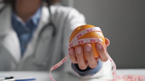 The Nutritionist's Hand Holds An Orange Orange Fruit. Nutritionist Doctor With Food Intake Shows alt