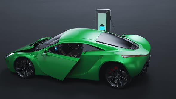 Electric car connected to the charging station. Vehicle using renewable energy alt