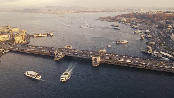 Famous golden horn and galata bridge aerial view alt