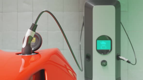 Electric car connected to the charging station. Vehicle using renewable energy alt