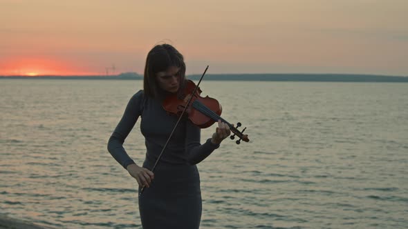 Woman Musician Is Playing Violin Skillfully